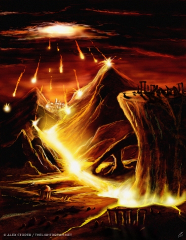 PROPHECY (2011). In a scene reminiscent of the apocalyptic paintings of the Romantic artist John Martin, this depiction of devastation from the skies clearly shows no natural phenomenon. It may be the wrath of some deity, or the magic power of man, that causes this level of destruction. Buildings crumble and cities burn as unimaginable forces are let loose, meteors crash from the cloud-ridden sky and lava flows down to sweep away all that this civilization has built. But our eye is drawn to the solitary figure on an outcrop of rock, standing next to a ruined henge. He wears a robe and holds his arms high towards the source of the carnage. Is he the cause of this great event – the conduit through which the magic flows to bring about the fulfilment of prophecy? Or it might be that he is a victim like everyone else, remaining near his ruined temple and throwing up his hands in despair as he witnesses the awesome sight which he is powerless to prevent. Text: Richard Hayes